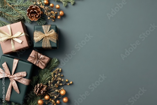 Assortment of decorative wrapped presents positioned along the left edge above a muted background