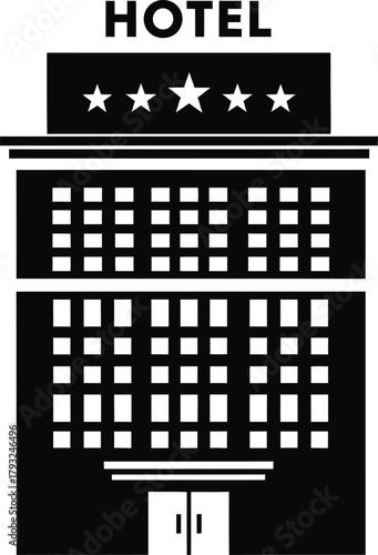 Illustration of black and white hotel building with five stars