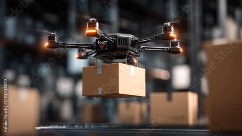 Autonomous Drone Delivering a Package in a Warehouse, Representing Modern Logistics and Technological Efficiency