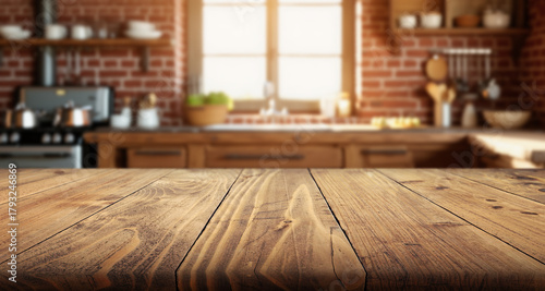 Empty wood table top view for product display montage on blur kitchen counter and wide window background