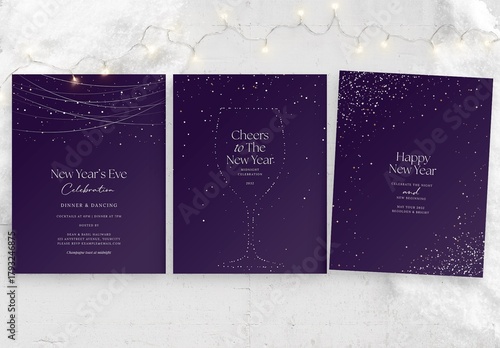 NYE New Years Eve Poster Flyer Template with Sparkles Vector in Luxury Purple & Gold for Gala Events