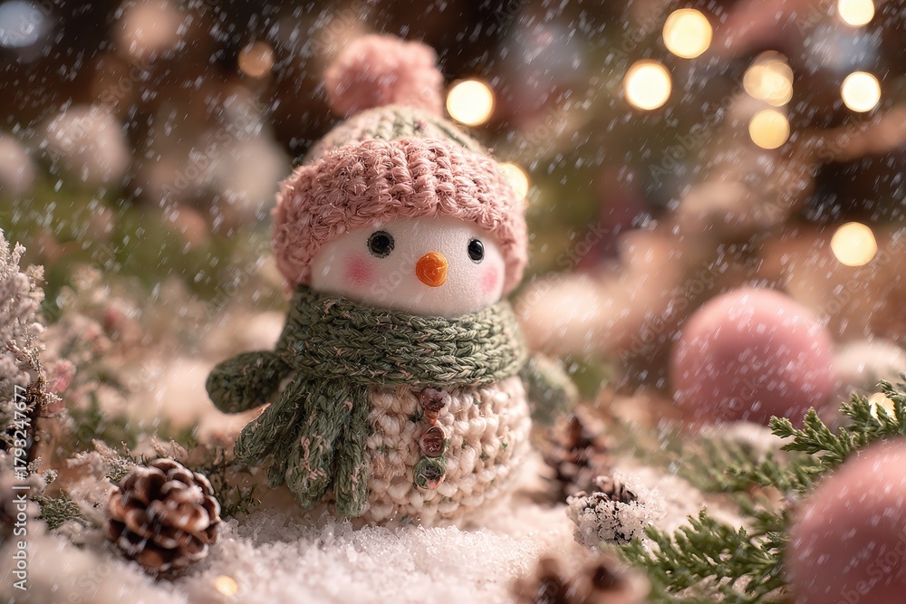 Obraz premium Adorable crocheted snowman figure sits in softly falling snow amidst festive decorations