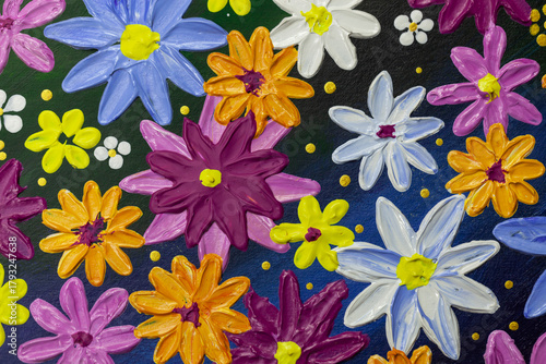 a three-dimensional and relief drawing of multi-colored flowers made of acrylic