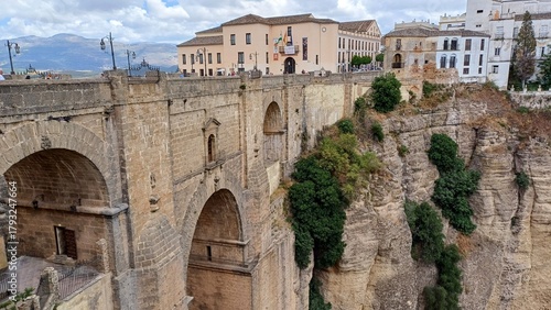 Close view of Puente Nuevo bridge and the gorge in Ronda, Spain