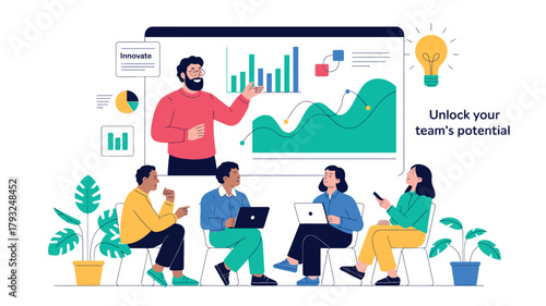 A business presentation is being given to a diverse group of people in an office setting.