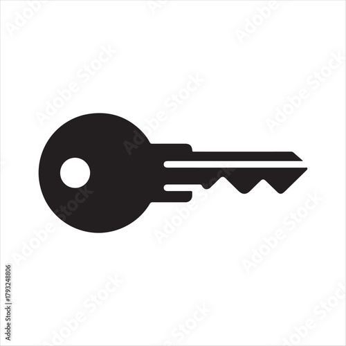 Simple black silhouette of a modern key on a white background isolated