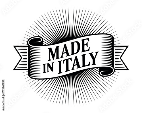 A stylized banner with the text 'MADE IN ITALY' in bold lettering, set against a radiating sunburst pattern.