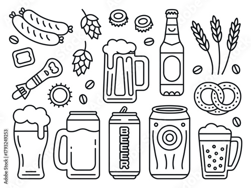 A collection of line art illustrations related to beer and snacks.