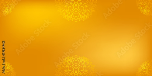 Intricate yellow and orange mandala designs adorn the corners of a white gradient orange background.  Islam, arabic, Indian, ottoman motifs