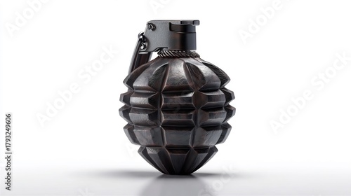 Close-up studio shot of a black, hand-held explosive device against a white backdrop.