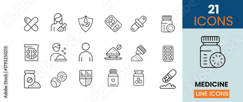 a collection of diverse medical line icons depicting pills healthcare professionals and treatments for various ailments