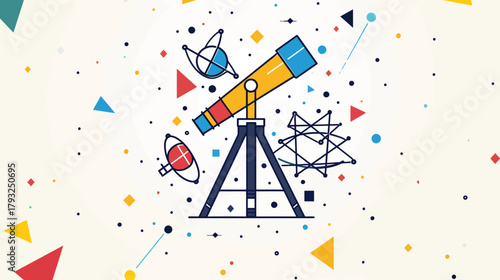 Flat design illustration of astronomy, space exploration, and scientific discovery with a telescope, planets, and celestial elements