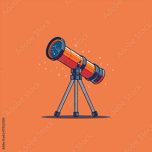 Vibrant orange cartoon telescope on a tripod, illustrating stargazing, space exploration, and scientific discovery. Astronomy equipment vector art.