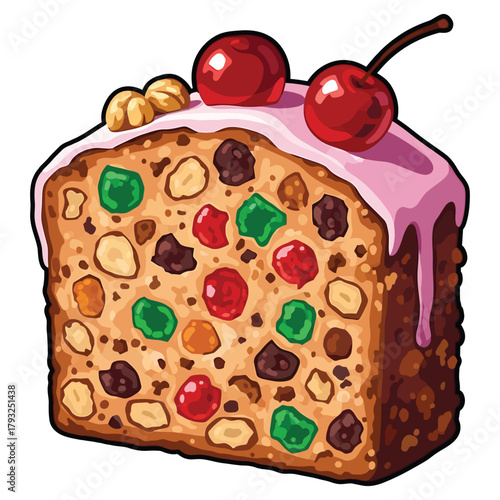 Slice of fruitcake with pink icing and cherries on top dessert sweet