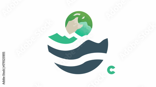Abstract nature icon with stylized planet earth, mountains, and water waves. Environmental protection and sustainability graphic concept.