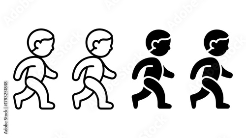 Walking child icon set a collection of vector illustrations depicting a child walking, in both outline and solid styles