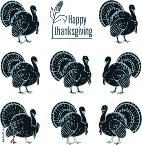 Collection of stylized dark blue turkeys and happy thanksgiving text bird fowl