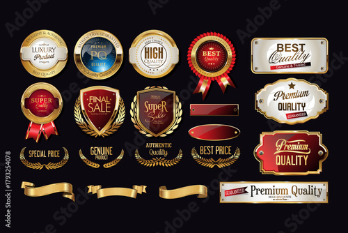 Gold shield icon, logo, security badge, vector design.Best seller, best quality product vector badges. Luxury gold, Silver, bronze, black and gold circle labels, sign, seal, symbol, stamp, sticker