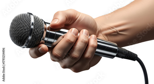 Hand Holding Microphone on White Background - Public Speaking, Interview, Music