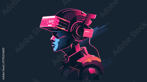 Futuristic profile of a person wearing VR headset and headphones in neon cyberpunk style, exploring virtual reality