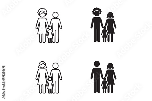 Vector family line and solid icon pack outline different style. Symbol, logo