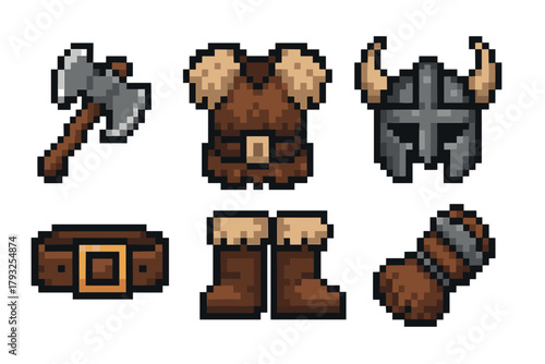 Six pixel art icons featuring a viking-themed axe, fur-lined armor, horned helmet, leather belt, boots, and brown glove.
