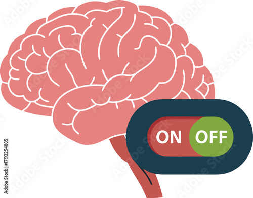 The brain icon with the "ON/OFF" switch symbolizes active thinking, the "race to re-learn," and mental flexibility. It is ideal for the concept of the "eternal student" and cognitive control.