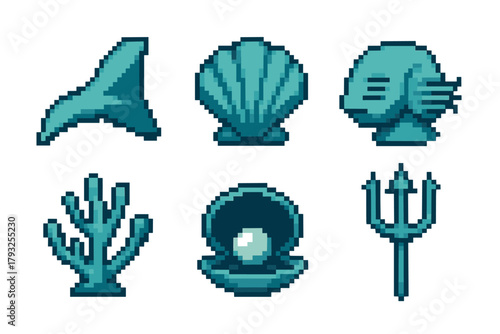 Set of six pixel art ocean-themed icons including a whale tail, scallop shell, fish, coral, clam with pearl, and trident.