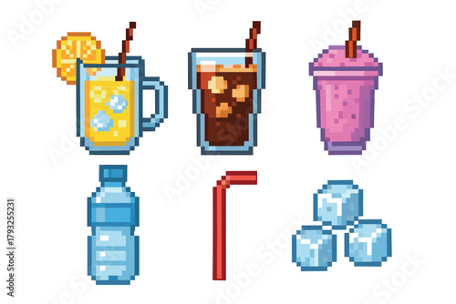 Pixel art illustration of various beverages including lemonade, cola, a smoothie, a water bottle, a straw, and ice cubes.