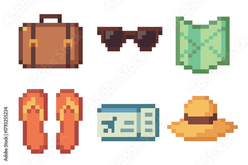 Pixel art travel essentials featuring a suitcase, sunglasses, a folded map, flip-flops, a boarding pass, and a sun hat in a retro style.