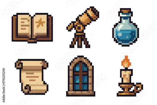 Six pixel art icons featuring an open book, a telescope, a potion bottle, a parchment scroll, a window, and a lit candle.