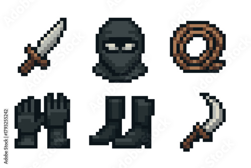 Pixel art icons of a ninja set including a sword, hood, rope, gloves, boots, and sickle, all in a retro 8-bit style.