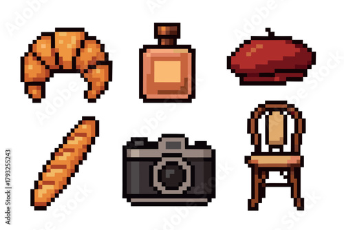 Pixel art illustration of a croissant, perfume bottle, beret, baguette, camera, and wooden chair, showcasing iconic french cultural elements.