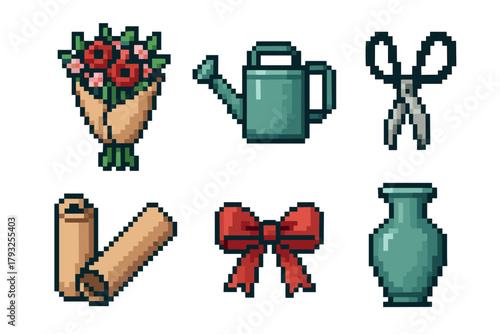 Pixel art illustration featuring a bouquet of red roses, a teal watering can, garden shears, scrolls, a red bow, and a teal vase.
