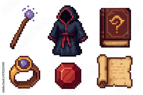 Pixel art style icons featuring a magic wand, hooded cloak, mysterious book, ornate ring, red gemstone, and ancient scroll on a white background.