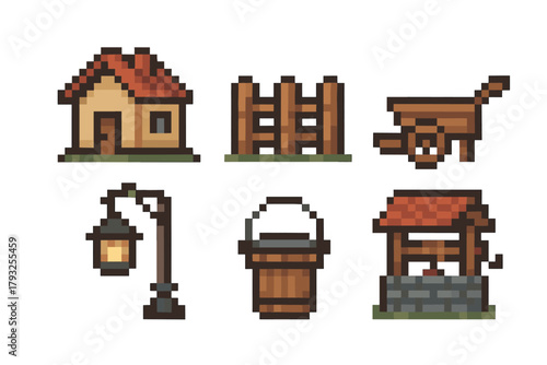 Pixel art illustration depicting a small house, wooden fence, wheelbarrow, street lamp, bucket, and water well, conveying a rustic and vintage style.