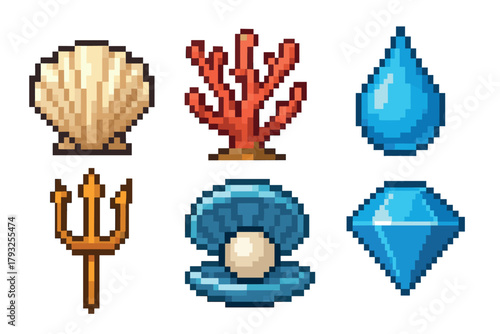 Six pixelated aquatic-themed icons including a seashell, coral, water droplet, trident, oyster with pearl, and diamond, illustrated in vibrant colors.