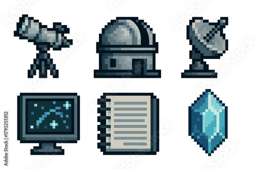 Pixel art style icons of a telescope, observatory, satellite dish, computer monitor with stars, notebook, and a blue crystal.