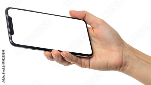 Wallpaper Mural Hand holding a smartphone in landscape mode with a blank screen cut out on PNG. AI GENERATED.
 Torontodigital.ca