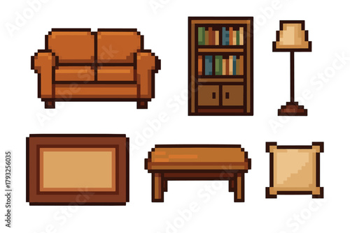 Pixel art style furniture set, including a brown sofa, bookshelf, lamp, frame, table, and cushion with simple, blocky design.