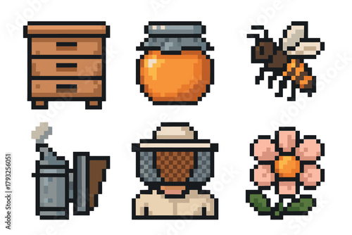Pixel art illustrations depicting a wooden dresser, jar of honey, bee, bee smoker, beekeeper wearing protective gear, and a pink flower with green leaves.