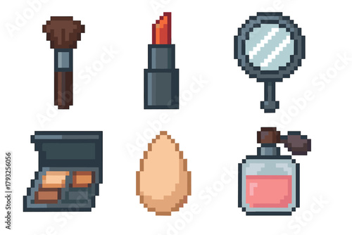 Pixel art depiction of makeup items including a brush, lipstick, mirror, eyeshadow palette, blending sponge, and perfume bottle.