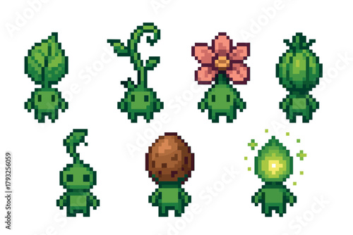 Pixel art characters with green leafy bodies and various plant-themed hair, including leaves, sprouts, a flower, and a glowing bulb, shown in different poses.