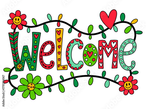 The word 'Welcome' is written in colorful, decorative letters with flowers and vines.