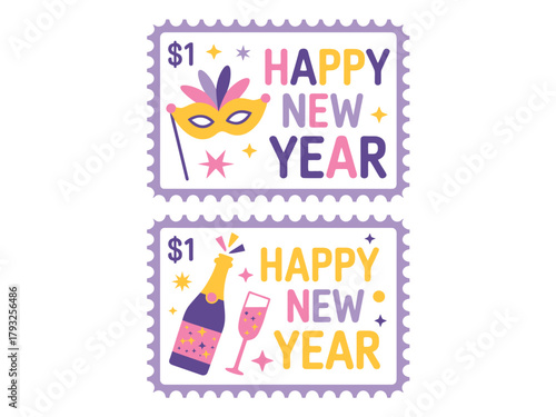 Two postage stamps feature "Happy New Year" with festive imagery like a mask and champagne.