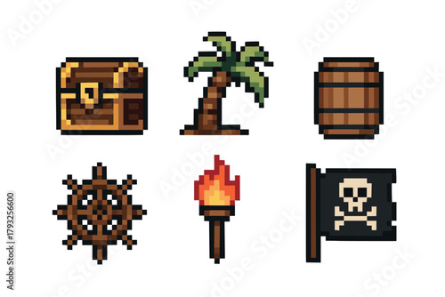 Six pixel art icons including a treasure chest, palm tree, barrel, ship wheel, flaming torch, and pirate flag on a white background.