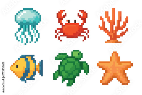 Pixel art collection featuring jellyfish, crab, coral, tropical fish, turtle, and starfish in vibrant colors.