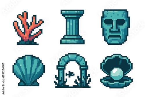 Six pixel art icons depicting an underwater theme with coral, column, stone face, seashell, ruined arch, and an open clam containing a pearl.