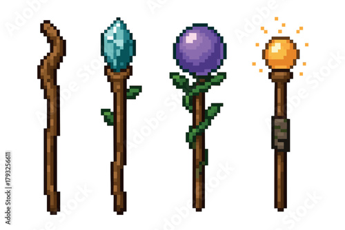 Four pixel art magical staffs, each with unique designs including a plain wooden stick, a staff with a blue crystal, a vine-wrapped staff with a purple orb, and a staff with an orange glowing orb.