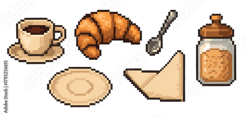 Pixel art breakfast set featuring a croissant, coffee cup, spoon, sugar jar, and a folded napkin on a plain background.